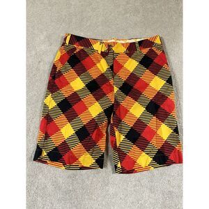 Loudmouth Golf Shorts Men 34 Red Yellow Black Chinos Abstract Funky Fun Colorful
